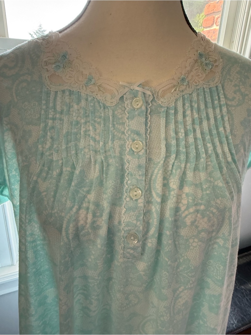 Miss Elaine Aqua Floral Nightgown with Lace Trim Skze Medium Cotton Blend